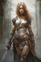 Wall Mural - Beautiful warrior girl in style of combat fantasy. Pencil and watercolor drawing.