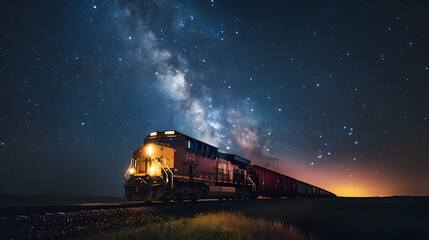 A train is traveling through the night sky