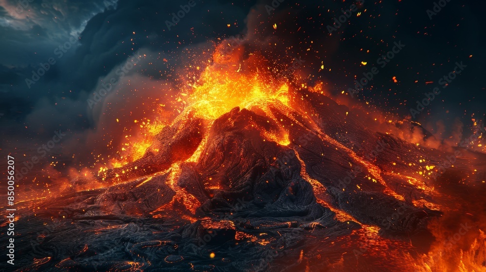 Volcanic eruption with fiery lava flow, set against a dark night sky ...