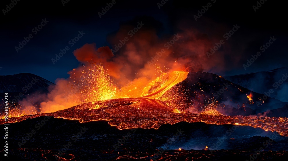 Volcanic eruption with fiery lava flow, set against a dark night sky ...