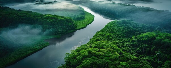 Wall Mural - Aerial view of lush rainforest and winding river with morning mist, showcasing nature's beauty and tranquility.