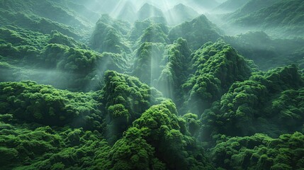 Wall Mural - Lush green mountains bathed in sunlight with rays filtering through mist, creating a serene and mystical landscape in a remote wilderness.