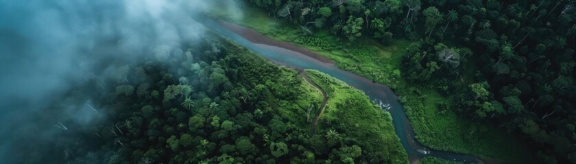Wall Mural - Aerial view of a winding river through a lush, misty rainforest. The landscape showcases serene nature and vibrant greenery.