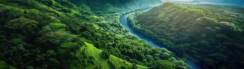 Wall Mural - A breathtaking aerial view of a lush green valley with a winding river illuminated by sunlight, showcasing nature's beauty at its finest.