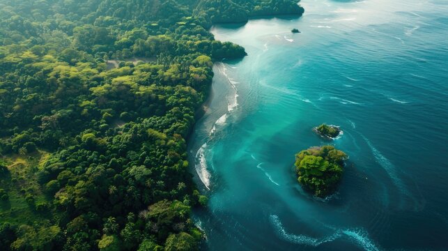 A breathtaking aerial view of a cliff above the ocean with stunning natural landscape, water merging with the sky, and terrestrial plants lining the beach AIG50