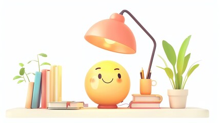 A smiling cartoon reading lamp, study element,  isolated on white background