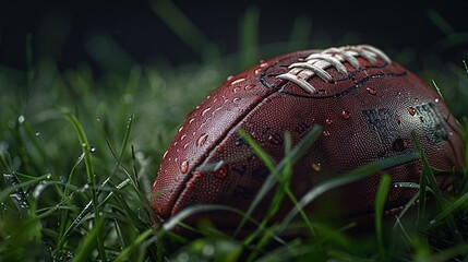 Wall Mural - American football resting on green grass with a dark background, symbolizing team sports and game day excitement.