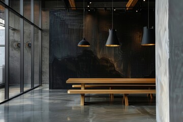 Poster - A large room with a wooden bench and three black lamps. The room is empty and has a modern, minimalist feel