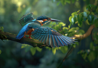 Wall Mural - A kingfisher is flying on the branch, its wings spread wide and colorful feathers shining brightly.