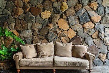 Poster - A comfortable beige sofa in front sits elegantly against a rugged stone wall creating an abstract, cozy wallpaper background best-seller