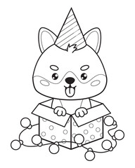 Sticker - Outline dog Shiba Inu with in birthday cap in gift box with festive garland. Cute holiday cartoon kawaii character pet. Line drawing, coloring book. Vector illustration. Kids collection