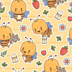 Wall Mural - Seamless pattern with cute bees stickers with flowers, strawberries and bucket of honey on yellow striped background. Vector illustration. Cartoon insect kawaii character. Kids collection.