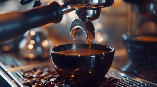 Espresso Machine Creating A Shot Of Coffee In A Cup Close Up