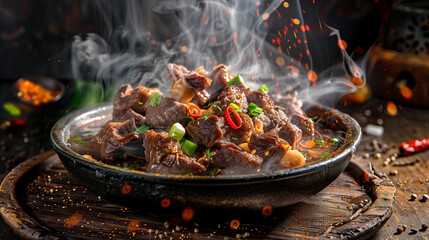 Chinese beef mutton stew in clay pot with clean background, close up view