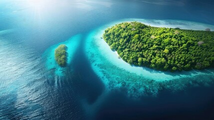 Poster - Aerial view of a tropical island with lush greenery surrounded by clear turquoise waters, showcasing natural beauty and serene seascape.
