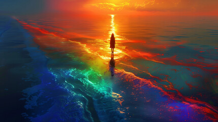 Poster - A Woman Standing in Vibrant Spectral Colors on a Sparkling Sea Surface: A Dreamy Aerial Abstraction with Environmental Awareness and Ultra High Definition Pastel Art