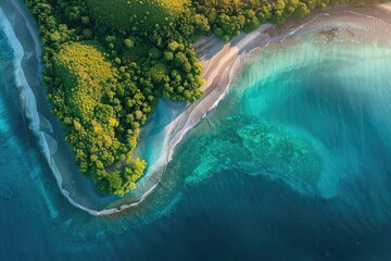 Poster - A stunning aerial view of a tropical beach with lush green trees, clear turquoise water, and a pristine sandy shore.