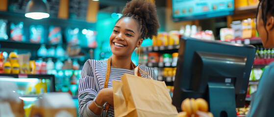 Cheerful woman handing over a paper bag to a customer in a warmly lit, vibrant grocery store setting