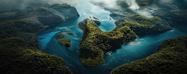 Aerial view of lush green islands surrounded by blue waters in a misty atmosphere, creating a serene and picturesque landscape.