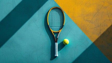 Wall Mural - Flat lay composition featuring a yellow tennis ball, racket, and green tennis court backdrop, illustrating the concept of outdoor sports.