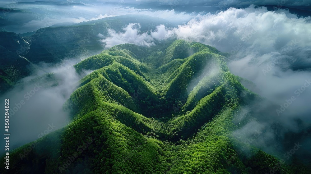 Aerial view of lush green mountains shrouded in mist and clouds ...