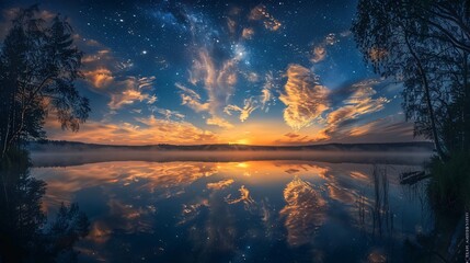 Wall Mural - Starry sky and noctilucent clouds over Saimaa Lake during Finland’s summer solstice, with golden sunlight and misty fog.