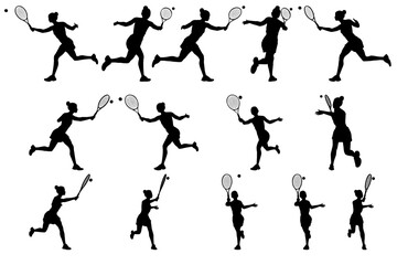 collection of different angle of silhouette female tennis player character, isolated vector for graphic resources
