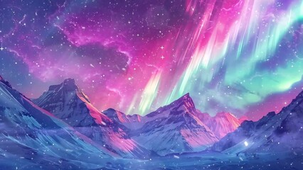 Wall Mural - colorful night sky view in winter mountains seamless looping overlay 4k virtual video animation back