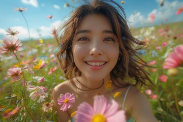 In a flower-filled garden, an attractive Asian woman with a captivating and charming face is captured laughing joyfully in the morning light.