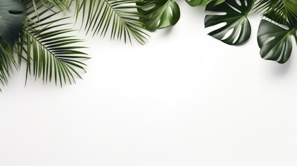 Wall Mural - Tropical leaves on white background. Flat lay, top view. Palm and monstera