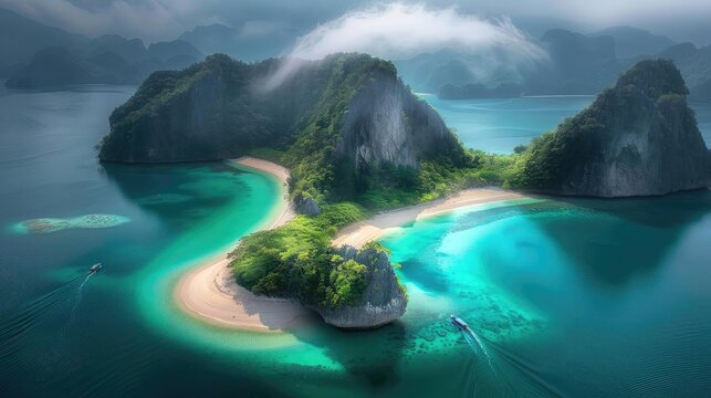 Aerial view of a stunning tropical island with lush greenery, sandy beaches, and turquoise waters surrounded by dramatic cliffs.