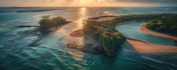 Wall Mural - Stunning aerial view of a tropical island at sunset, featuring turquoise waters, sandy beaches, and lush greenery.