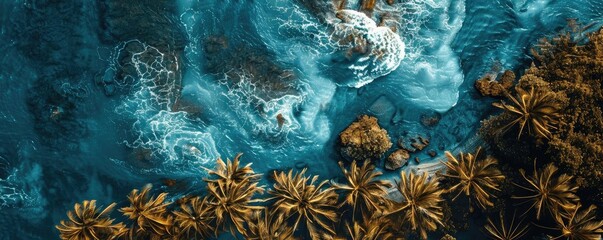 Wall Mural - A breathtaking aerial view of the coastline with waves crashing onto rocks and lush palm trees lining the shore in vibrant, tropical scenery.