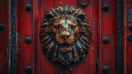 Wall Mural - An Ancient Lion Knocker Adorns A Striking Red Wooden Door