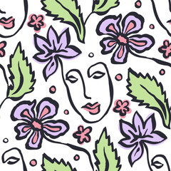 Sticker - Brush strokes ink wash flowers and female faces seamless pattern. Abstract floral modern fashion background. Minimalist inky botanical wallpaper