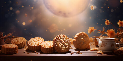 Wall Mural - coffee and chocolate cake.Traditional Chinese Fried Mooncake with Natural Motif on Wooden Table