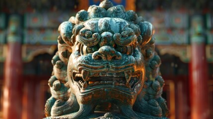 Wall Mural - Ancient Bronze Lions Serve As Majestic Handles On A Vat In The Forbidden City