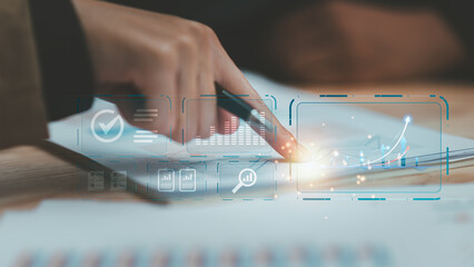 Aufkleber - business people read business statistics chart reports to analyze and improve corporate strategy ,Manage financial and marketing documents, Company growth information,Managing Business Insights