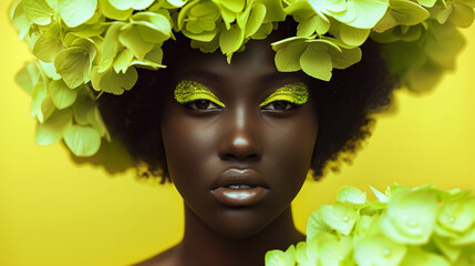 Close-up of a black woman with a vibrant green floral headpiece and bold green eye makeup, set against a yellow background.

