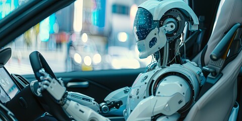 Fototapete - The visual portrays a future where advanced robotics transform industries such as manufacturing, healthcare, and transportation, augmenting human capabilities