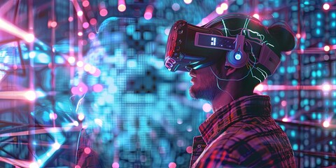 Fototapete - Virtual Reality (VR) creates immersive, computer-generated environments that simulate realistic sensory experiences, allowing users to interact with and explore virtual worlds