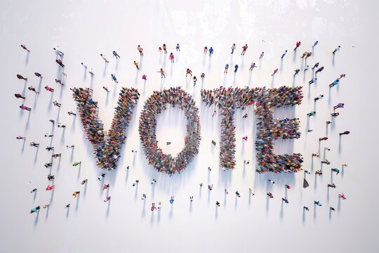 The word Vote is made of people standing and gathered together. aerial view of humans.