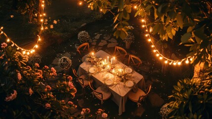 Wall Mural - A romantic dinner setup with fairy lights and flowers, captured from a high angle
