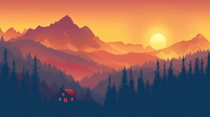 Wall Mural - Landscape with mountains. A solitary house stands in the mountains. Bright sunset. Landscape with mountains and forest.
