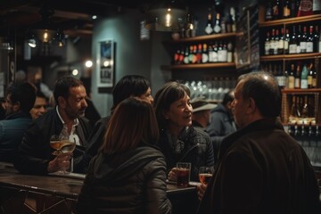 Poster - Group of people drinking beer and talking in a pub or restaurant.