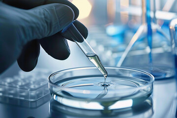 Wall Mural - liquid being poured into petri dish with pipette in science research lab