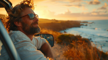 Happy young man on a road trip leaning out of the car window to see the coastal route and sea view , male enjoying roadtrip holidays on seaside road