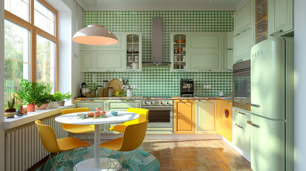 Wall Mural - A vibrant 70s kitchen featuring avocado green appliances, a round dining table with yellow chairs, and geometric patterned wallpaper.