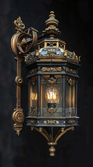 Wall Mural - An ornate brass carriage lamp with glass panels and intricate metalwork, designed to hang on a wall.