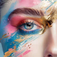 Wall Mural - A captivating close-up of a woman's eye, adorned with vibrant, artistic makeup strokes. The blend of colors creates a mesmerizing visual effect